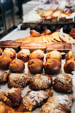 Freshly baked goods in a french bakery, store display.