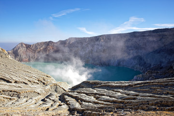 The sulfuric lake of Kawah Ijen vulcano in East Java, Indonesia