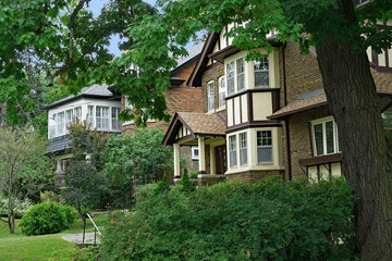 Fototapeta na wymiar street with large old detached houses surrounded by mature trees