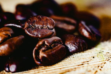 Detail of roasted coffee beans, produced in Colombia.