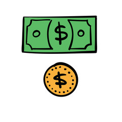 Dollar bill and coin doodles. Hand drawn cash money symbols.