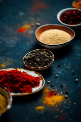 Collection of indian spices in bowl on background