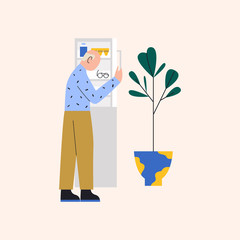 Old man finding his glasses in refrigerator. Elderly man misplacing things. Alzheimer's symptom. Flat vector illustration