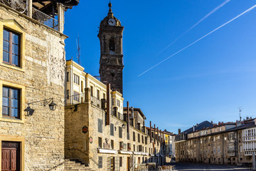 Bright blue sky over Vitoria-Gasteiz historic center, with the tower bell of Church of San Vicente Martir, Basque Country, Spain