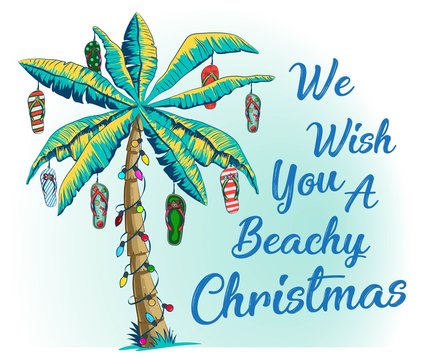 Christmas Greeting Card With Palm Tree And Tropical Leaf. Banner Template With Luminous Garlands For New Year Holidays. Palm Tree Decorated With Beach Slippers As Christmas Decorations