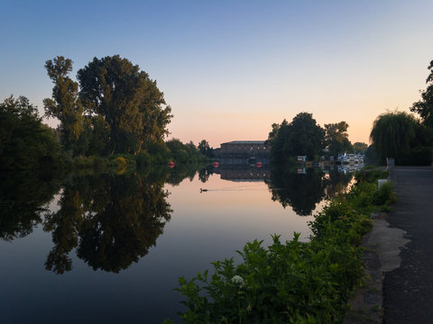 River Ruhr early in the morning with hydroelectric power station in Muelheim an der Ruhr, Germany