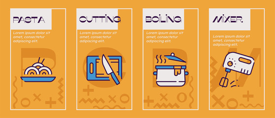 Cooking accessories yellow color linear icons set