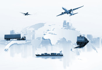 Abstract image of the world logistics, there are world map background and container truck, ship in port and airplane