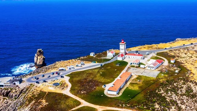 Peniche, Portugal. Aerial view of the lighthouse at Peniche, Portugal. Time-lapse with cars and ocean, hyperlapse round moving