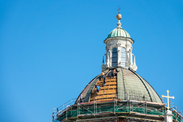 Repair of the tower of the Catholic Church in Krakow, Poland