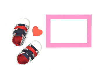 Baby concept. baby shoes on white background. copy space. Top view. Flat lay.