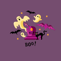 Boo! Halloween card with ghosts. Flat style vector illustration. Great for party invitation, flyer, greeting card, web, postcard.