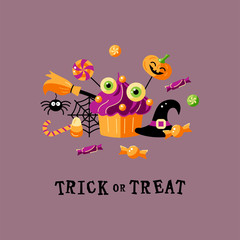 Trick or treat. Halloween card with celebratory subjects. Flat style vector illustration. Great for party invitation, flyer, greeting card, web, postcard.