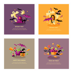 Halloween cards set with celebratory subjects. Flat style vector illustration. Great for party invitation, flyer, greeting card, web, postcard.