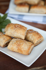 Vegan, vegetarian sausage rolls blue tea towel 