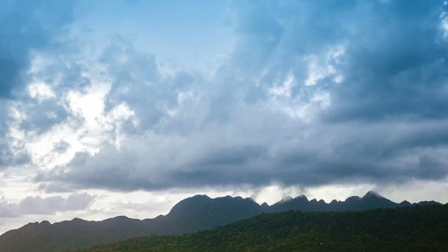 Time Lapse of Thick Cumulus Clouds Moving Towards the Right Side of Camera  in Daytime with Machinchang Cambrian Geoforest Park Langkawi in View, UNESCO Heritage