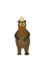 small bear in a scarf and with a jar of honey on his head