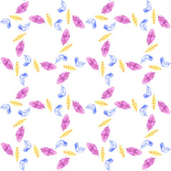 Seamless pattern with dreamcatchers, hand drawn in watercolor. Seamless texture with hand drawn feathers. Illustration for your design. Bright colors.