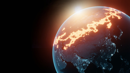 3D Rendering of planet earth from space with heat flame fire burning atmosphere. Concept of global warming, weather crisis situation. Element of this image furnished by NASA 