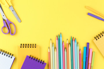 School notepad and various stationery. Back to school concept.