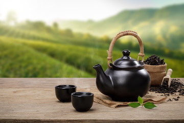 Cup of hot tea with teapot, green tea leaves and dried herbs on the wooden table in plantations...