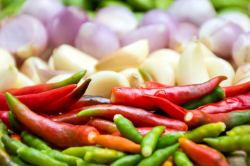 Full frame of Chilli,Garlic,Red onion,Parkia speciosa (Petai) herb and spicy ingredients.