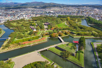 Bird's eye view fo Hakodate city from the top of Goryokaku Tower at Hakodate Hokkaido, Japan