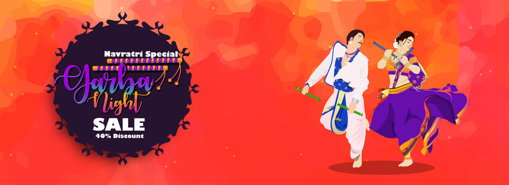 Garba Navratri Mahotsav, Garba Night, Dandiya Nights Celebration, Couple Playing Dandiya, Bash, Navratri Biggest Dance Festival Template, Navratri Big Bash Invite Print Ad_Vector,Illustration.