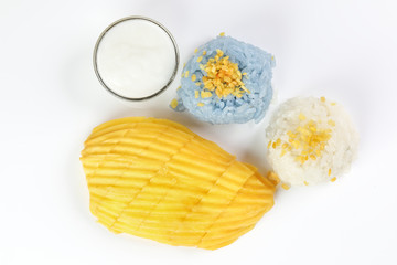 Mango butterfly pea blue white sticky rice coconut milk cream