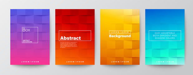 Set of square pattern on colorful red, purple, yellow, blue gradient background. Abstract minimal design template for Brochure, Flyer, Poster, leaflet, Annual report, Book cover, A4 size