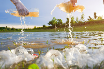 Young volunteers with garbage bags cleaning area on the lake , volunteer concept. Environmental pollution. Ecological problem.