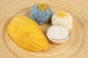 Mango butterfly pea blue white sticky rice coconut milk cream