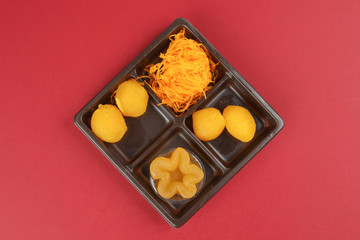 Thai traditional desserts mix variety Thong Yod Med Kanoon Foy Thong