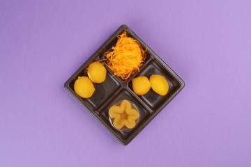 Thai traditional desserts mix variety Thong Yod Med Kanoon Foy Thong