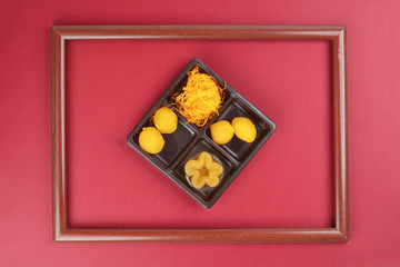 Thai traditional desserts mix variety Thong Yod Med Kanoon Foy Thong