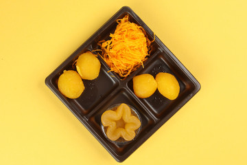 Thai traditional desserts mix variety Thong Yod Med Kanoon Foy Thong