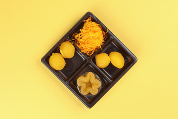 Thai traditional desserts mix variety Thong Yod Med Kanoon Foy Thong