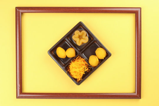 Thai traditional desserts mix variety Thong Yod Med Kanoon Foy Thong