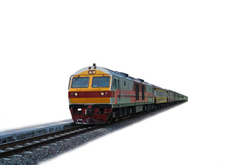 Fototapeta premium Yellow locomotive train on railroad tracks with platform on white background.