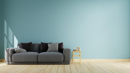 Blue room with sofa and mock up poster, 3d illustration
