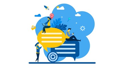 Website or landing page of communicates through the Internet social networks with Tiny People Character Concept Vector Illustration, Suitable For web landing page,Wallpaper, Background, Card, banner,