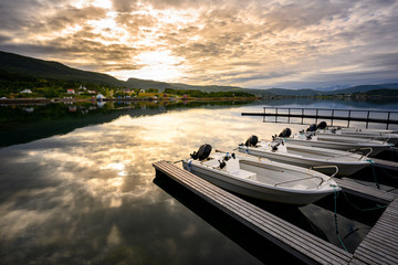 In the morning the boat is rented for fishing and traveling at Sorreisa, Norway.