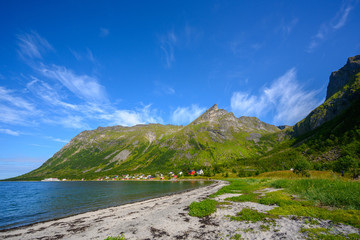 Ersfjord Beach, on a beautiful day in the senja national park in northern Norway.