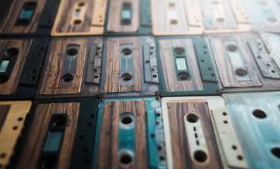 close-up analog music cassette tape collection
