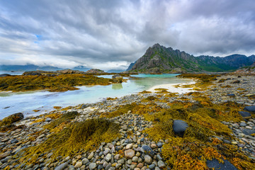 Lofoten Islands, Northern Norway, views of the mountains and the sea on the roadside, cloudy days in summer