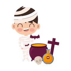 boy disguised as a mummy with icons halloween