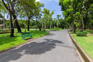 View of city park with exercise path surrounded by nature.
