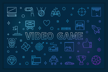 Video Game blue horizontal banner - vector concept illustration in outline style on dark background