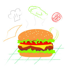 Delicious hamburger with tomato, lettuce, and cheese on line art backgroung.