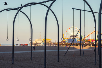 Travelling Rings for exercise at muscle beach jungle gym on in Santa Monica, California at early...